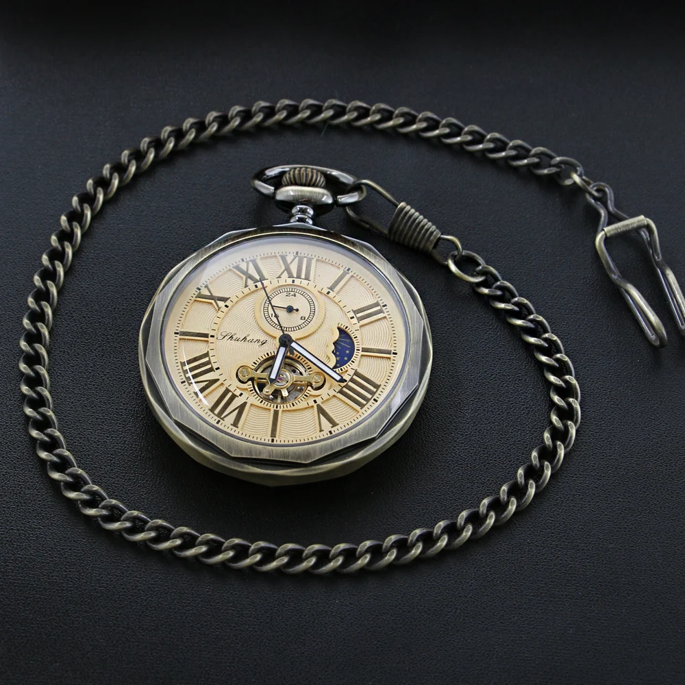 Antique Moon Phase Flywheel High Quality Mechanical Pocket Watch Retro Men's Necklace Pendant Clock Women's Jewelry Gift