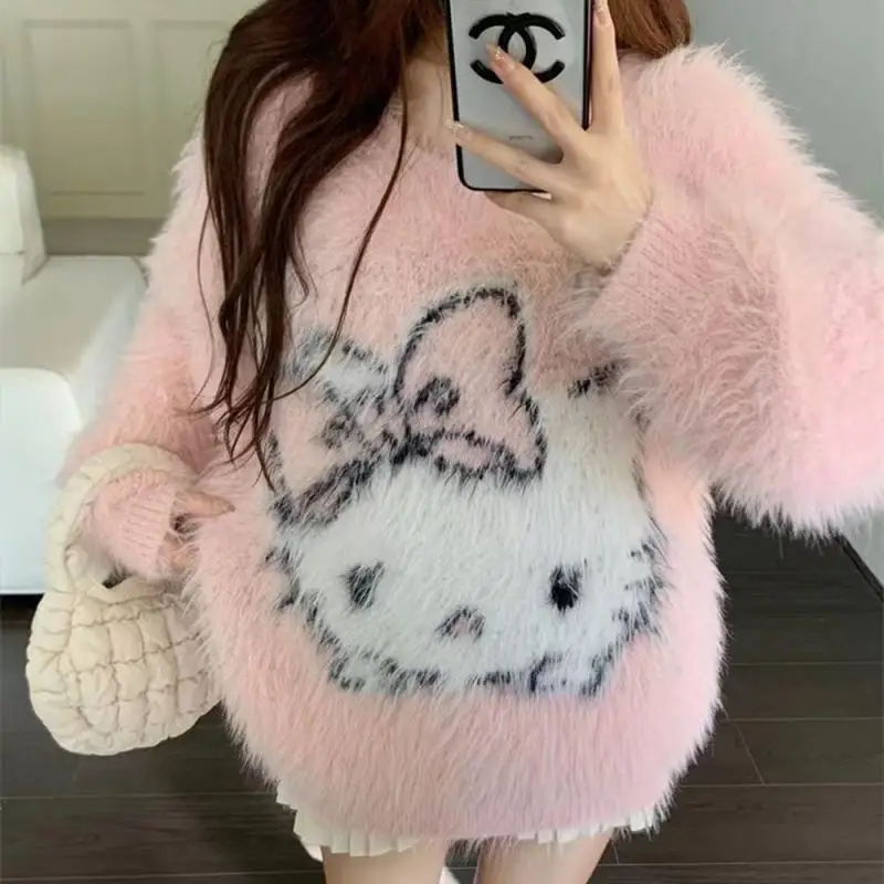 Kawaii свитер Hello Kitty Sanrioed с круглым вырезом Lazy Mujer 2024 осенний милый вязаный пуловер Y2K