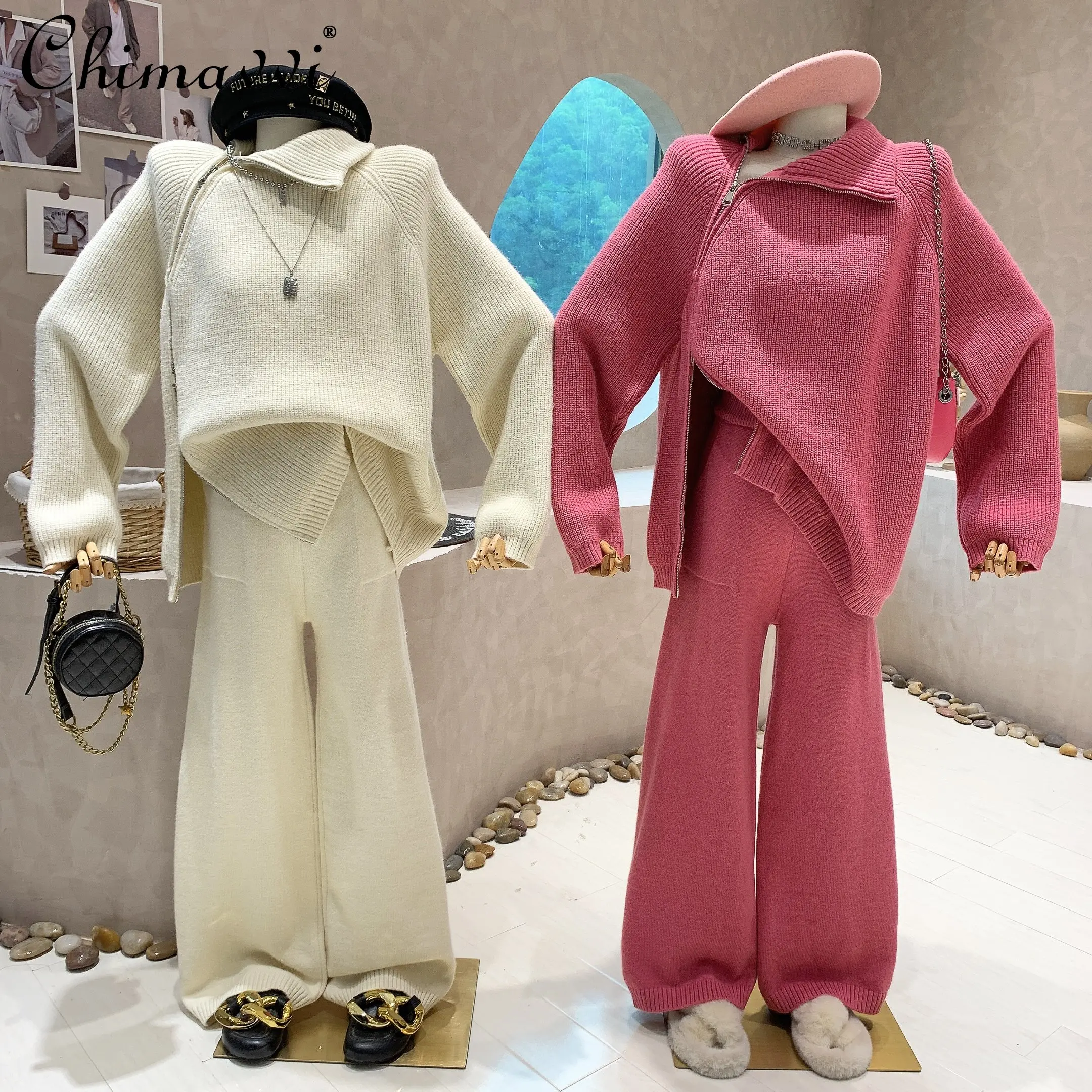 

Side Zipper Turtleneck Fur Sweater Set Women 2022 Winter New Fashion High Waist Slimming Casual Pants Temperament Twinset