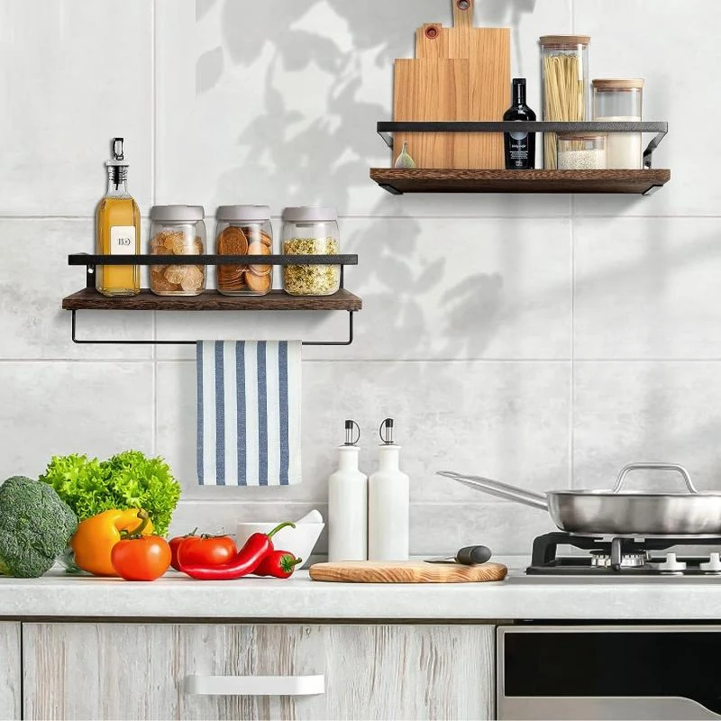 

BAINEL Wooden Floating Shelve Wall Mounted Spice Shower Shampoo Makeup Stand Holder Kitchen Bathroom Storage Rack With Towel Bar