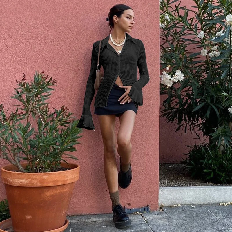 

Vintage White Sheer Shirts Elegant Shirts Flared Sleeves Button Cropped Tops Sexy Slim Polo Shirts Summer 2022 Women's T-shirts