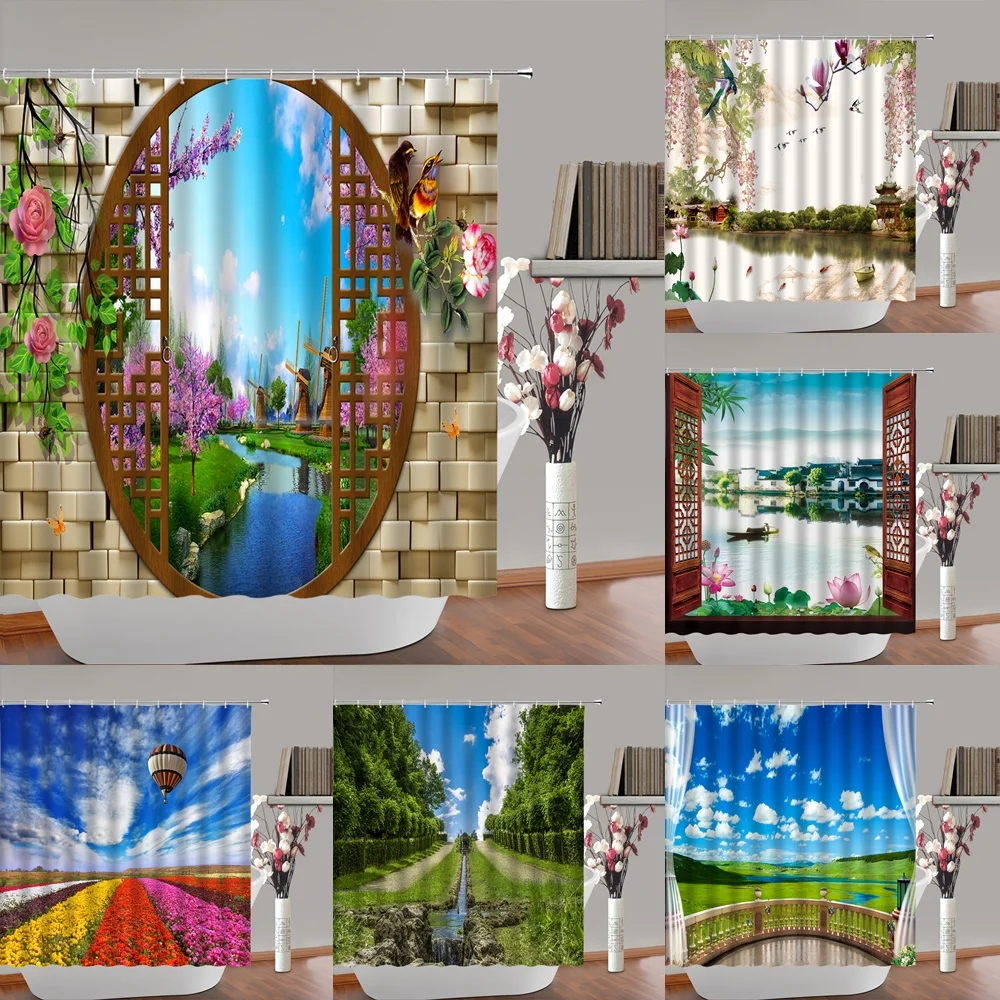 

Rural Country Natural Scenery Shower Curtains Windmill Stream Flower Bathroom Curtain Frabic Waterproof Polyester Bathtub Screen