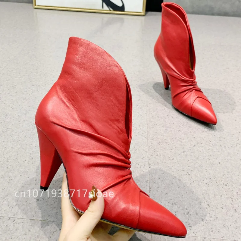 

Women's Genuine Leather High-heeled Shoes Pleated fabric Cusp Solid Color V-shaped Socket High Quality With Box