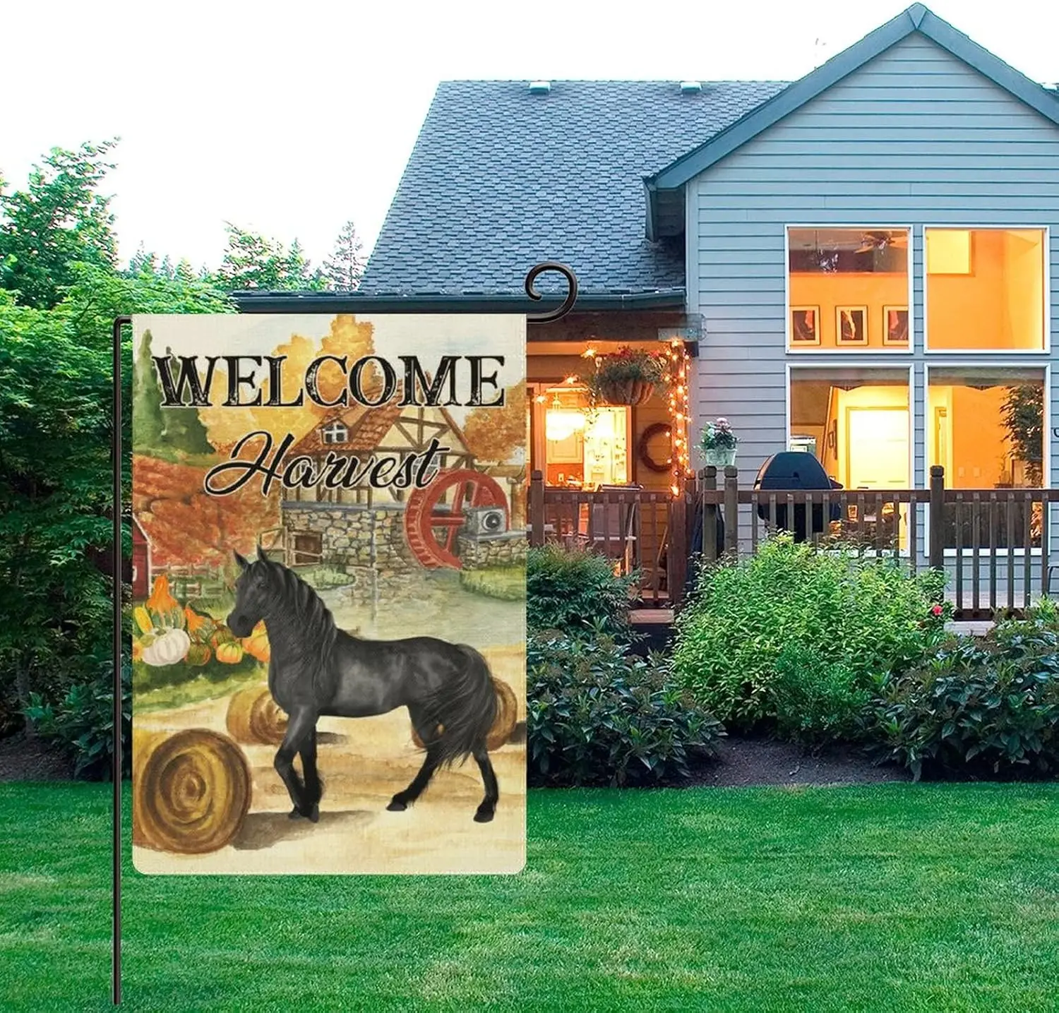Fall Gold Farm Horse Welcome Outdoor Flag Garden Decor Thanksgiving for Outside Farmhouse 12x18in Burlap Verti
