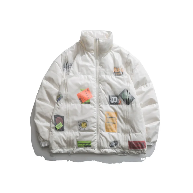 Men Hip Hop Oversize Padded Bomber Jacket Unisex Transparent DIY Decorative Label Parka Harajuku Winter Down Jacket Coat Outwear