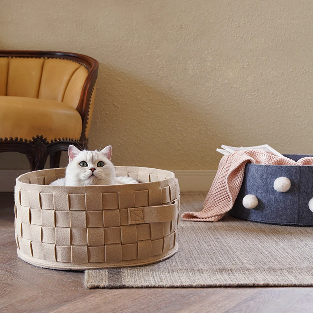 

Felt Woven Cat Bed Four Seasons General Pet Basket Kitten Cat Nest Deep Sleep Comfort Indoor Semi-Enclosed Pet Bed Cozy Tent