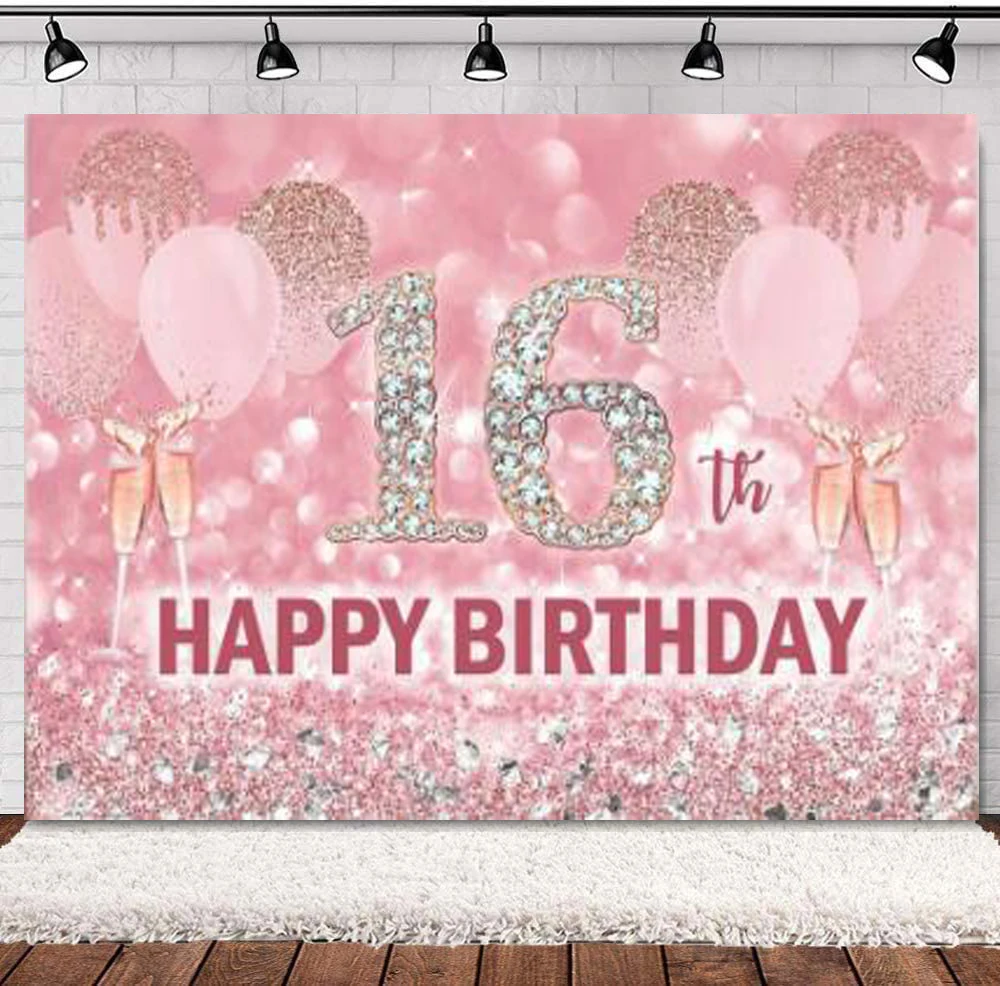 

Happy 16th Birthday Photography Backdrop Pink Glitter Girl Birthday Party Decoration Supplies Sweet Champagne Background