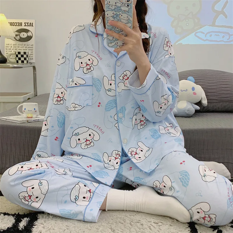 

Kawaii Sanrio Cinnamoroll Women's Pajamas Spring Spring Models Long-sleeved Sweet Wind Long-sleeved Cardigan Loungewear Set