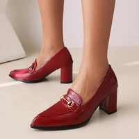 plus size glossy patent leather breathable pumps pointed toe thick heel slip on womens high heels metal trim office lady shoes