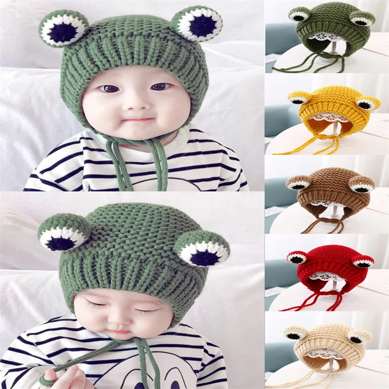 

2023 Winter Kids Boys Hat Candy Color Baby Boys Girls Knit Hat Cute Cartoon Frog Ears Warm Child Knitted Cap