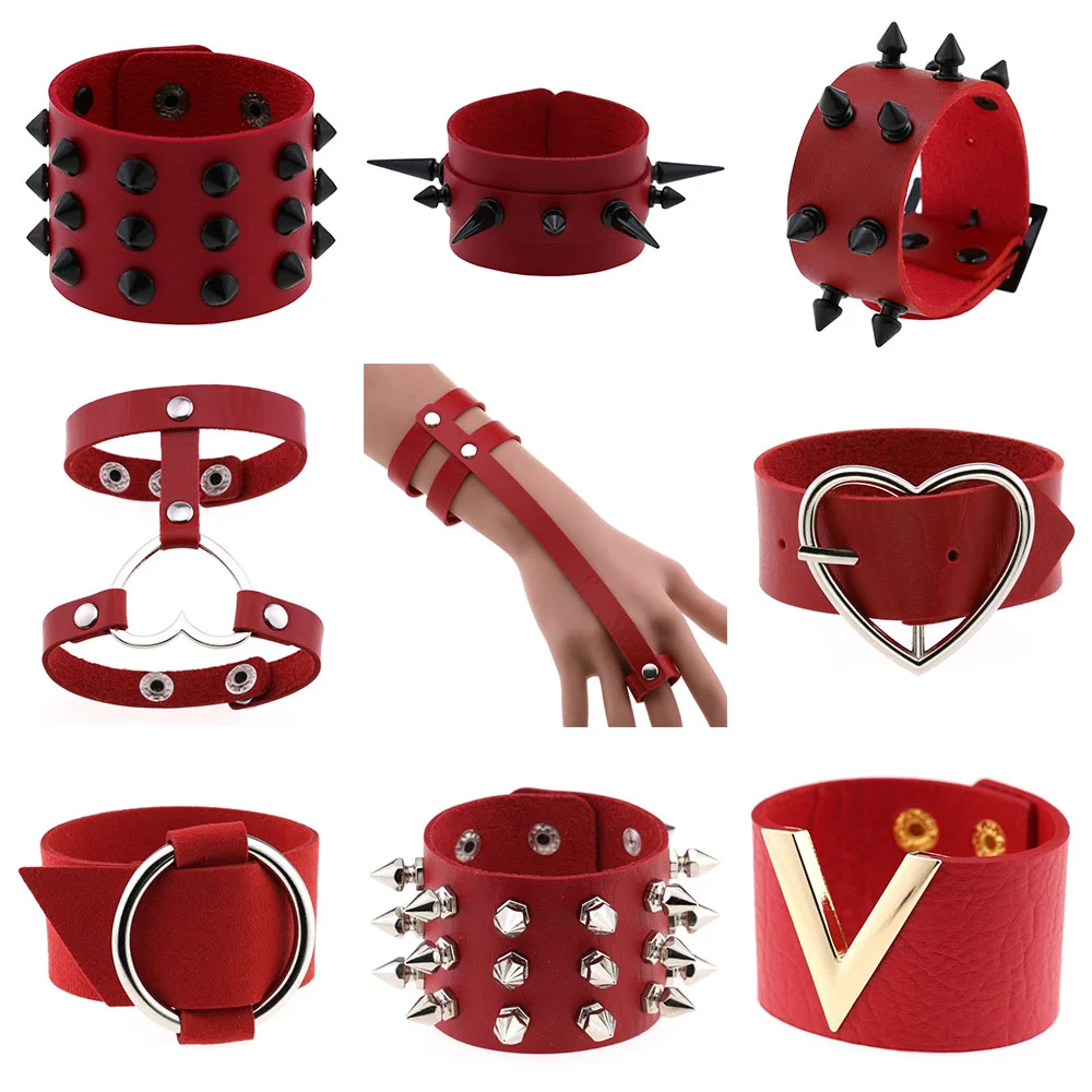 

Red Leather Spiked Choker Punk Bracelet Women Men Black Rivets Studded Red Chunky Wrist Bangle Goth Jewelry Gothic Bracelets