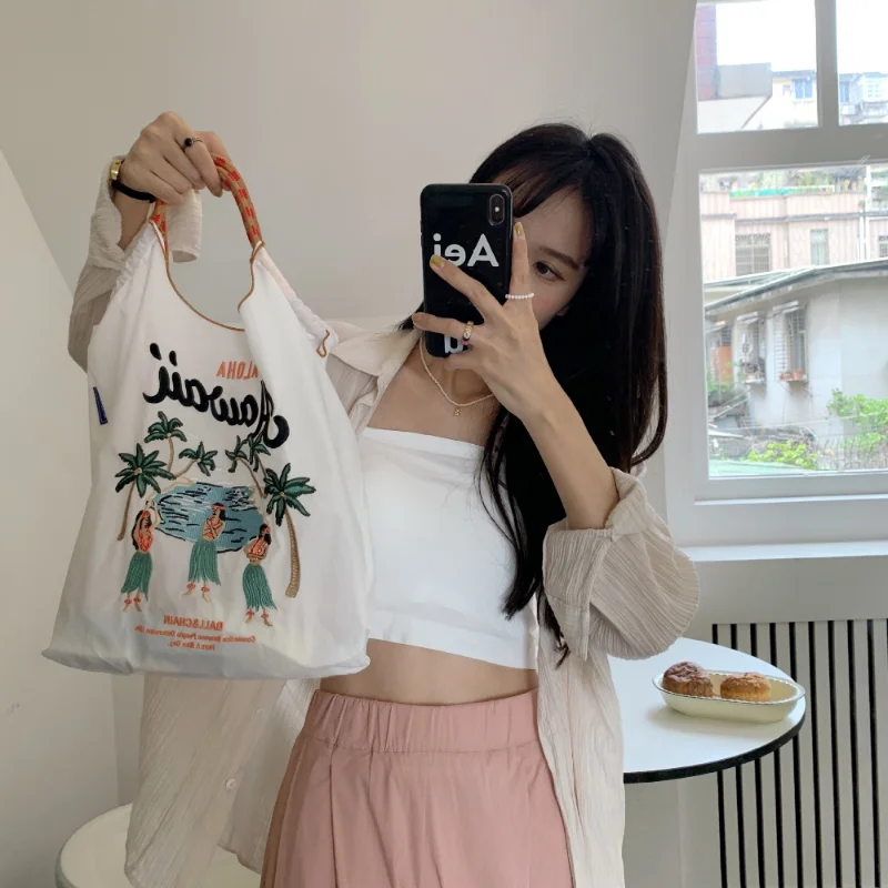 LOERSS Fashion Embroidered Shopping Bags for Women Cute Colorful Tote Bag Large Capacity Japan Ball Chain New Deisgner