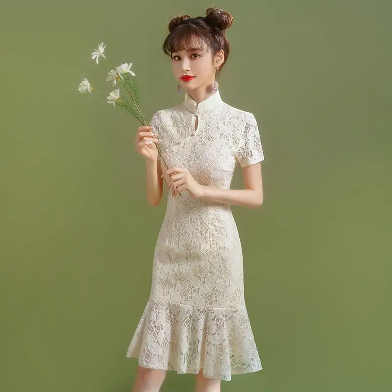 

2023 summer fishtail improved cheongsam short short dress women lace daily young girl chinoiserie style party cheongsam dress