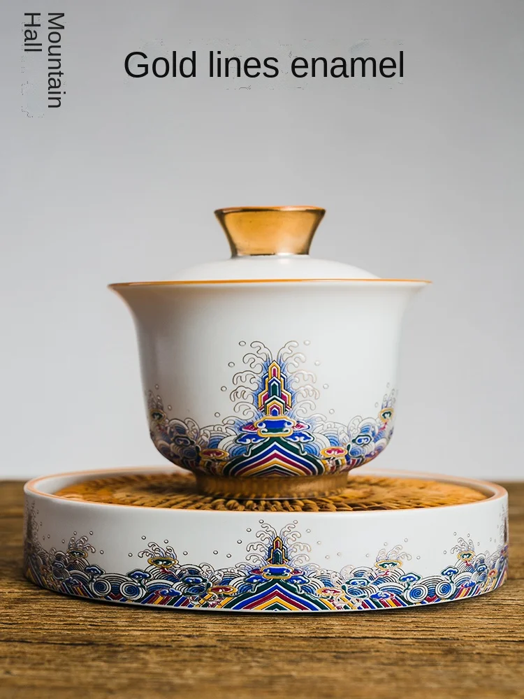 

Ceramic Enamel Painted Cover Teacup Three-Piece Tea Bowl Saucer Tea Cup Pot Tray White Porcelain Kung Fu Tea Set