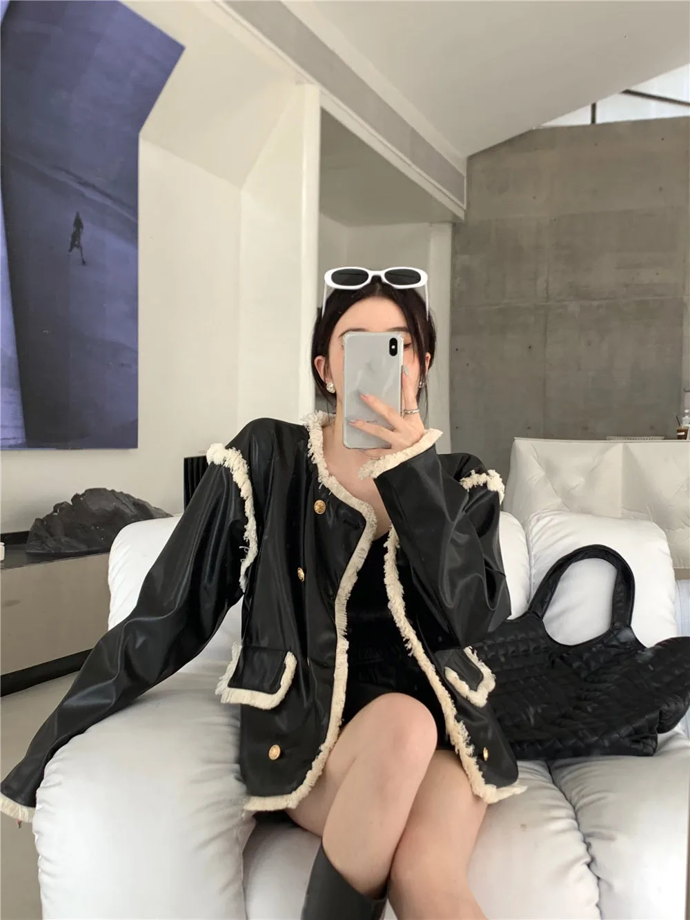 Black Pu Leather  Long Sleeved Jacket Women's Autumn 2022 Luxury Y2k Girl Loose Top Jacket  O Neck  High Street Fashion Clothes