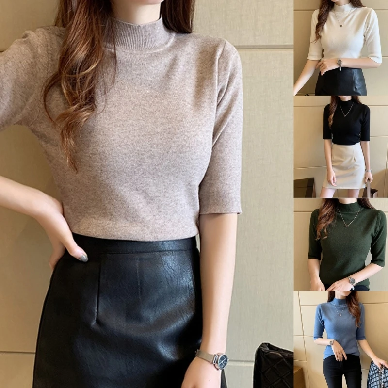 

Women's Business Workwear Blouse Autumn Mid Sleeve Knitted Sweater Shirt Short Sleeve Turtleneck Casual Cute Tops