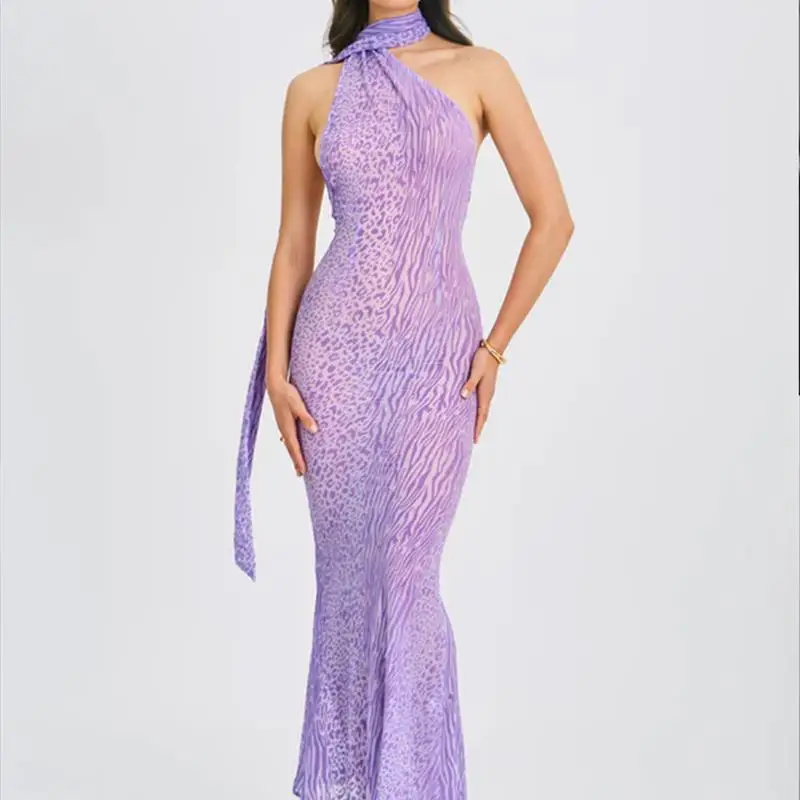 LangMao сетчатое вечернее платье с леопардовым принтом женское летнее на одно плечо