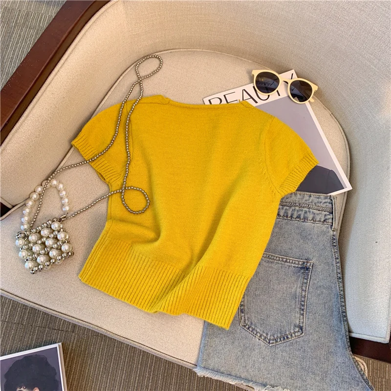 Женский трикотажный пуловер с цветными стразами модная футболка в Корейском