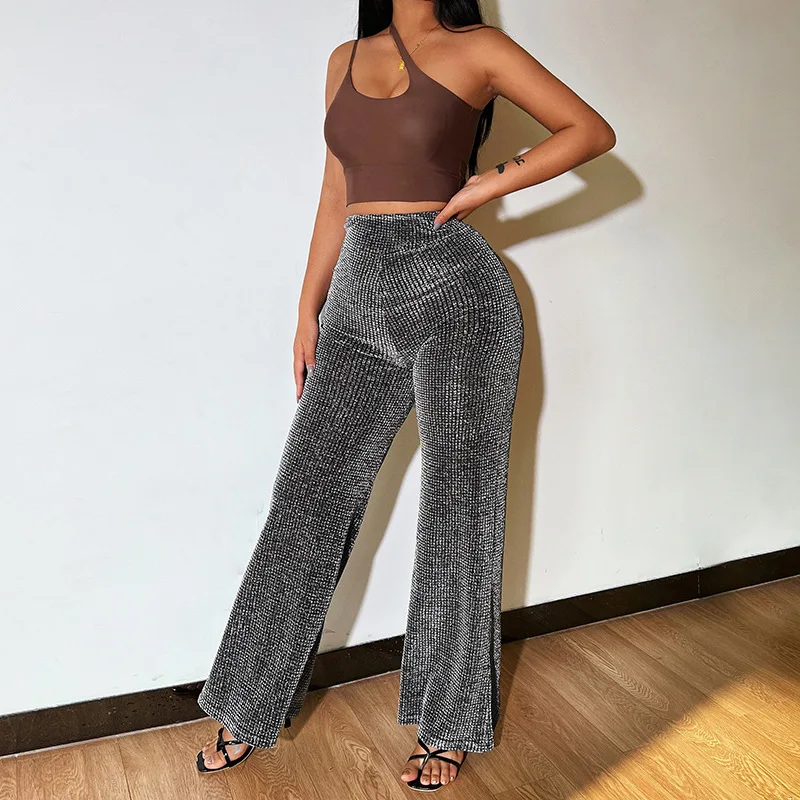 

Women's High Waist Flared Trousers 2022 Autumn Winter Women Fashion Sexy Bodycon Trousers Nightclub Pants Wide Leg Glitter Pants
