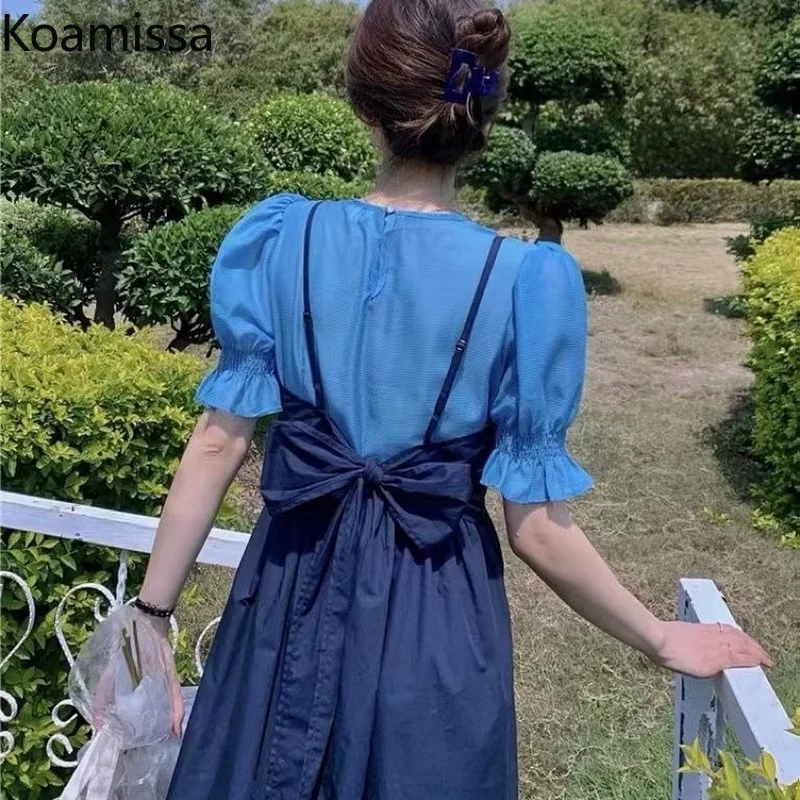 

Koamissa Fake Two Piece Set Dress Sweet Patchwork Women Midi Dresses Girl Back-bow Belt Korean Chic Loose Bodycon Vestidos 2022