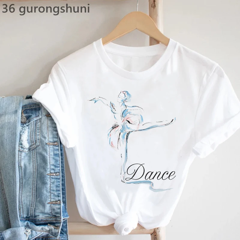 

2022 Watercolor Girl Dancing To Music Graphic Print Tshirt Women'S Clothing White T-Shirt Femme White Casual T Shirt Female Tops
