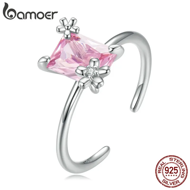 Bamoer 925 Sterling Silver Cherry Blossom Opening Ring for Women Luxury Pink Big Gem Ring Fine Jewelry Wedding Band Gift BSR273