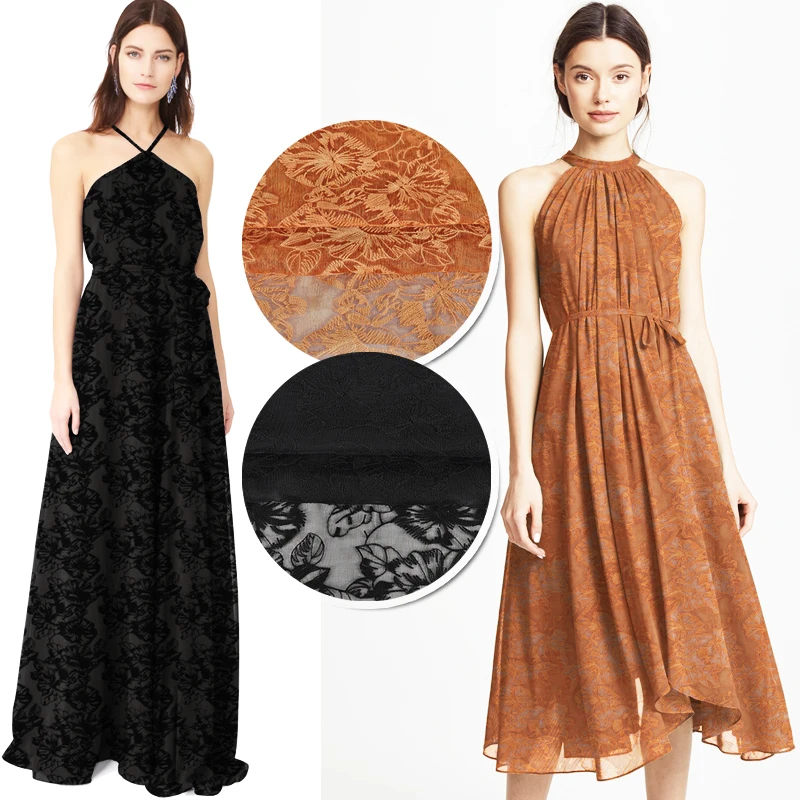 118 см ширина 70 г/м вышитая тонкая черная оранжевая шелковая кружевная ткань для летнего платья куртки JH170