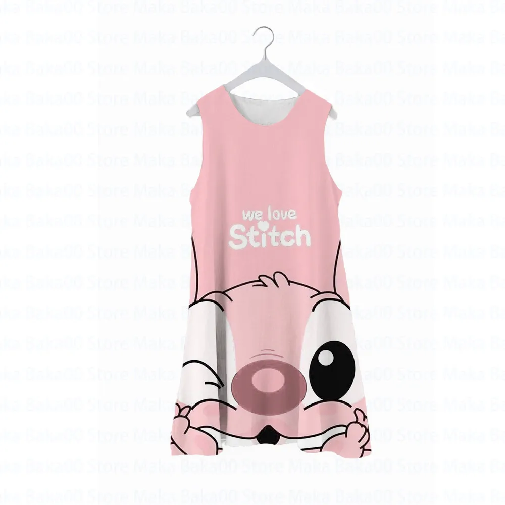 Купи Summer new casual loose dress children's clothing Disney Stitch print sleeveless round neck cute girl dress princess dress за 235 рублей в магазине AliExpress