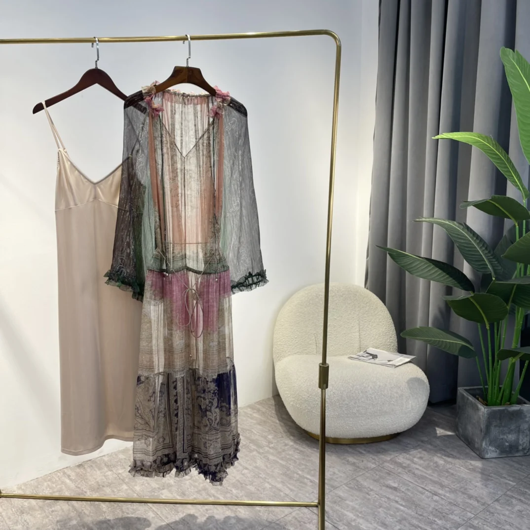 

Colorful Paisley Print Midi Dress Woman 2022 Summer New Top Quality Patchwork Self Tie Neckline Edible Tree Fungus Clothing