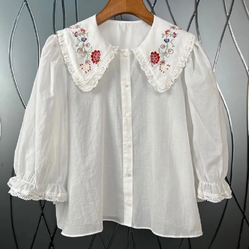 100%Cotton Blouses 2022 Summer Fashion Tops High Quality Women Peter Pan Collar Embroidery Deco Casual White Flower Print Blouse