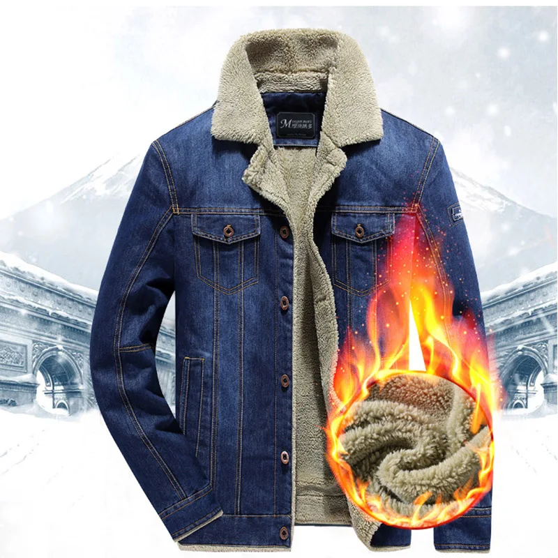 Denim Jacket with Fur Men Military Jeans Jacket Men Thick Warm Bomber Jacket Outwear Cowboy Jacket Trendy Warm Fleece Top Male