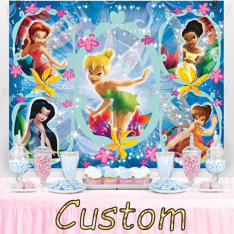 

Disney Tinkerbell Photography Backgrounds Girls Birthday Photo Backdrops Flowers Decorative Banners Photo Booth Props