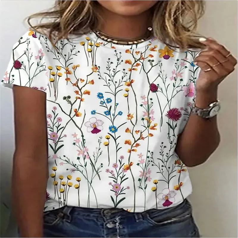 Купи Summer Simple Style Women's T-shirt Daily Casual Top Round Neck T-shirt Fashion Shirt Floral Short-sleeved Women's Clothing за 204 рублей в магазине AliExpress