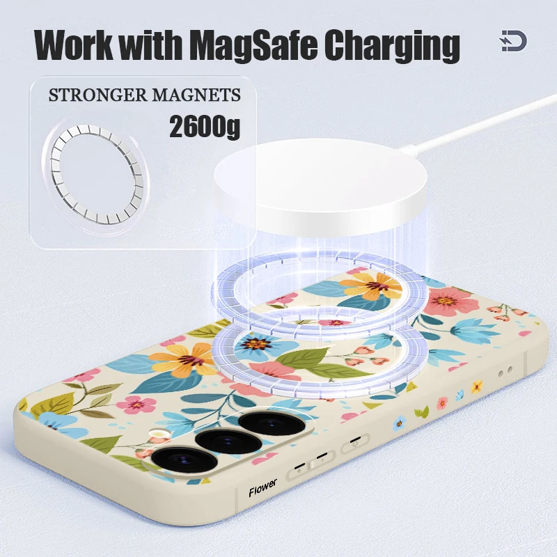 Мягкий силиконовый Магнитный чехол с цветами для Samsung Galaxy S24 S23 Ultra S22 Plus S21 S20 FE Magsafe