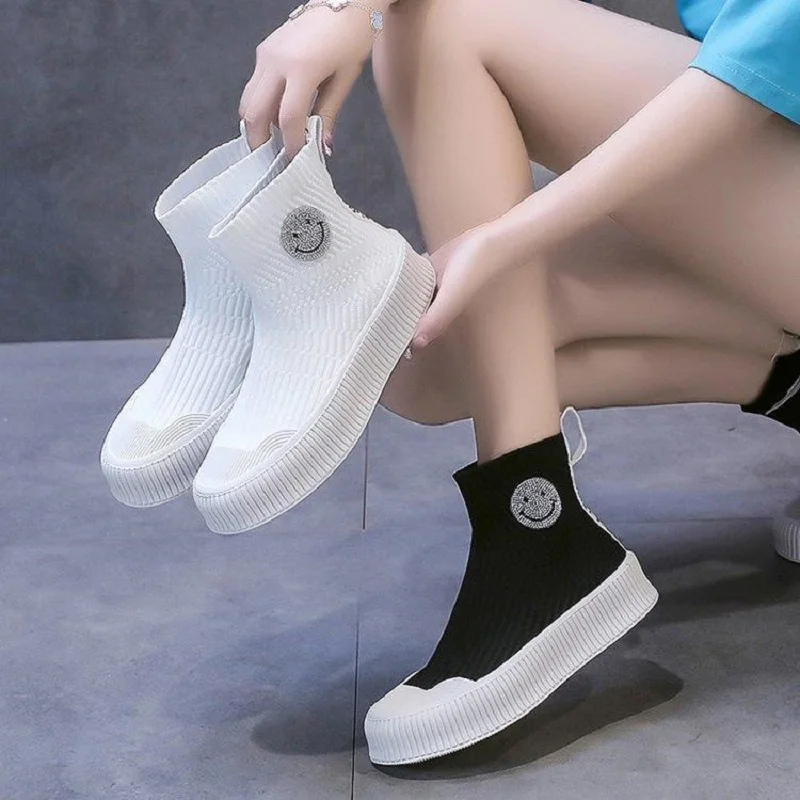 

Ботинки Martens, Осень-зима, британские эластичные летающие тканевые тонкие ботильоны, толстые ботинки-носки на толстом каблуке