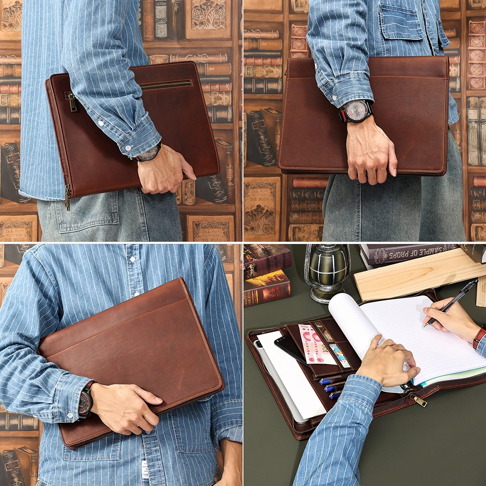 Handbag 12.9 inch laptop zipper bag multifunctional Ipad bag A4 paper High capacity leather tablet case Business Casual