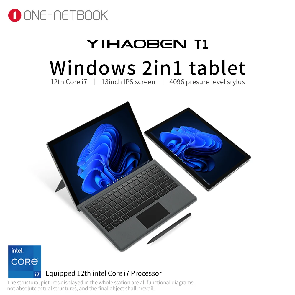 

13 Inch T1 Tablet 2K IPS 12th Gen Intel i7 1260P 16GB 1T/2TB NVMe 2 in 1 Laptop Windows 11 Computer 12000mAh 65W Charge Notebook