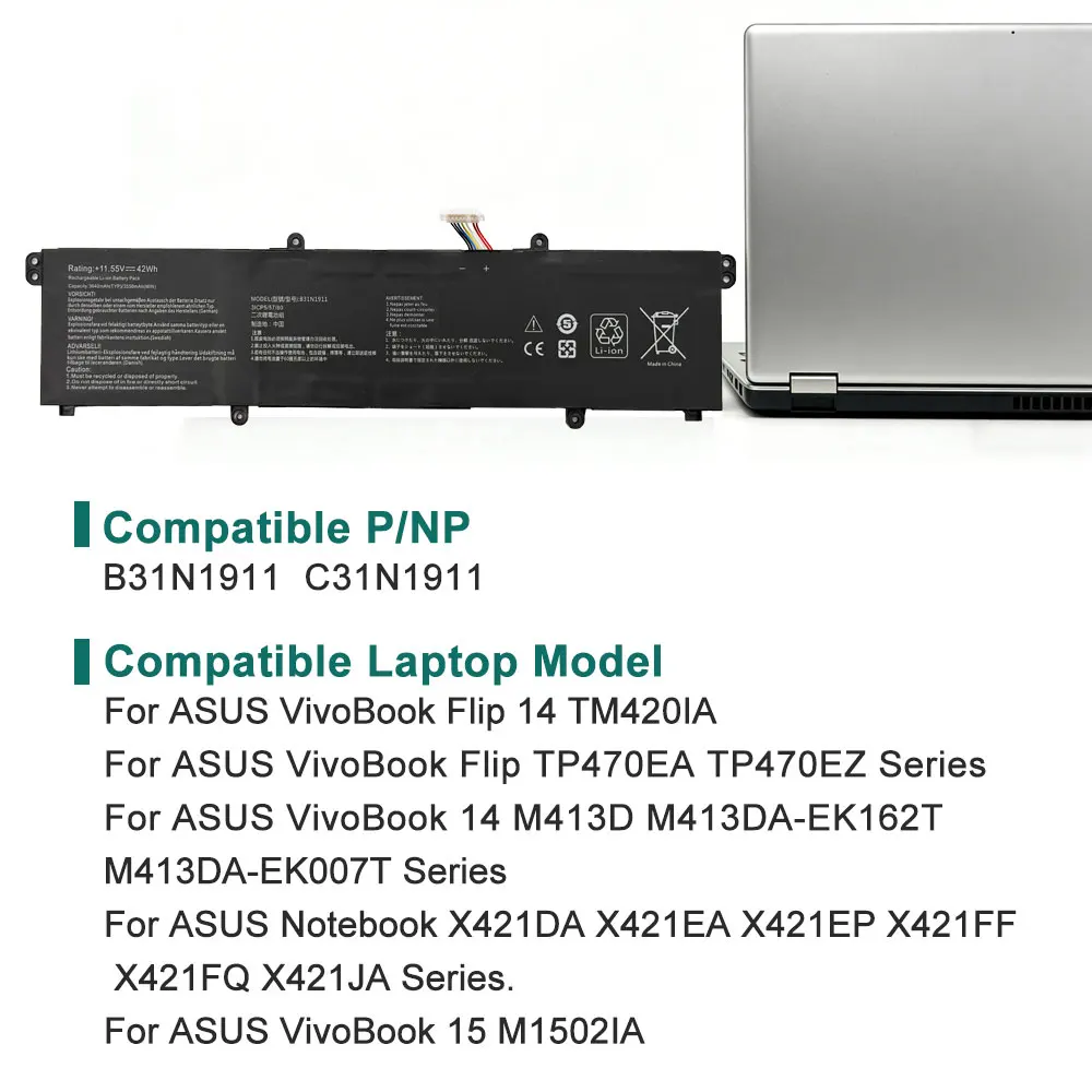 Фото Аккумулятор C31N1911 для ноутбуков ASUS VivoBook Flip TM420IA, TP470EA, M413DA, M413, K413, F413, X421EA, X421DA, B31N1911 №5
