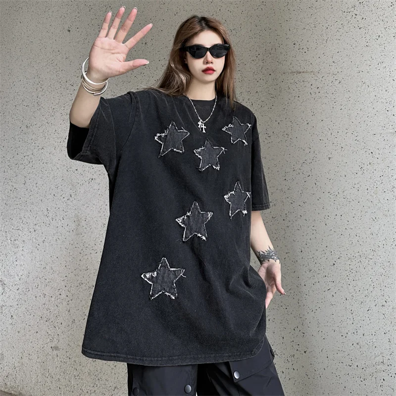 

Lady Stars Patch Short Sleeve Loose T-shirts Women Black Washed Do Old T Shirt 2023 Summer Harajuku Casual Japanese O Neck Top