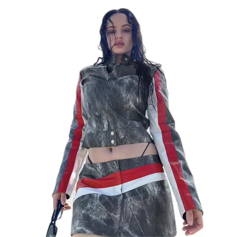 

Женский костюм с юбкой и курткой в мотоциклетном стиле, винтажная короткая куртка контрастной расцветки с длинным рукавом, облегающая юбка ...