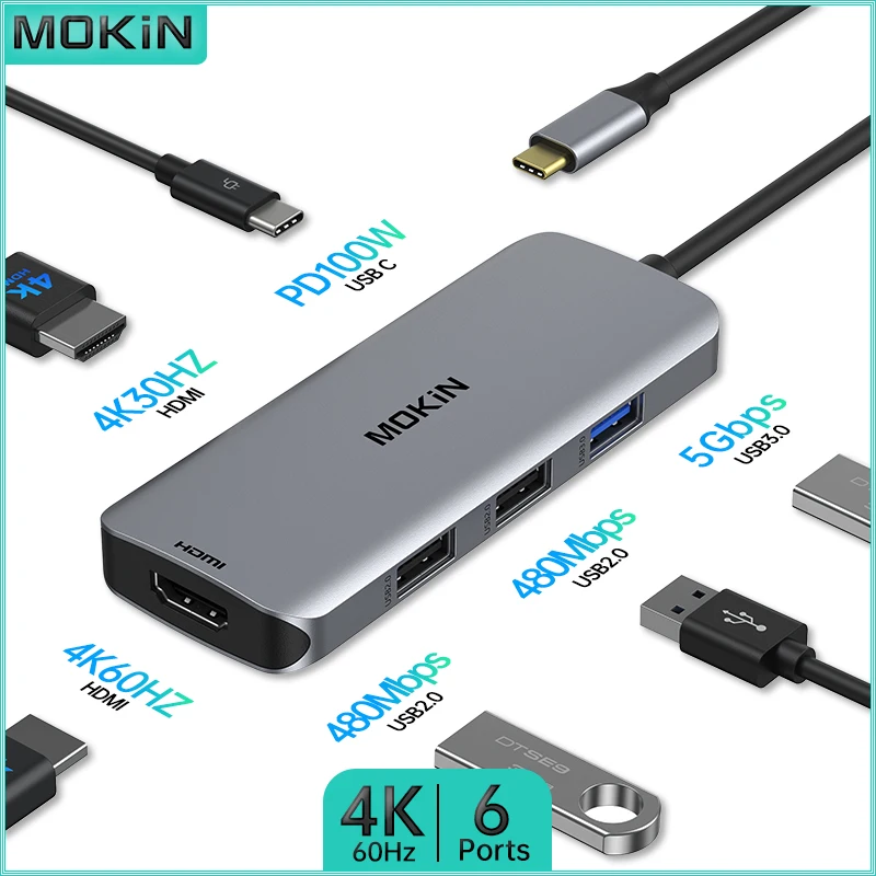 

Док-станция MOKiN 6 в 1: HDMI 4K60 Гц, PD 100 Вт — идеально подходит для MacBook Air/Pro, iPad, ноутбука Thunderbolt — USB2.0, USB3.0