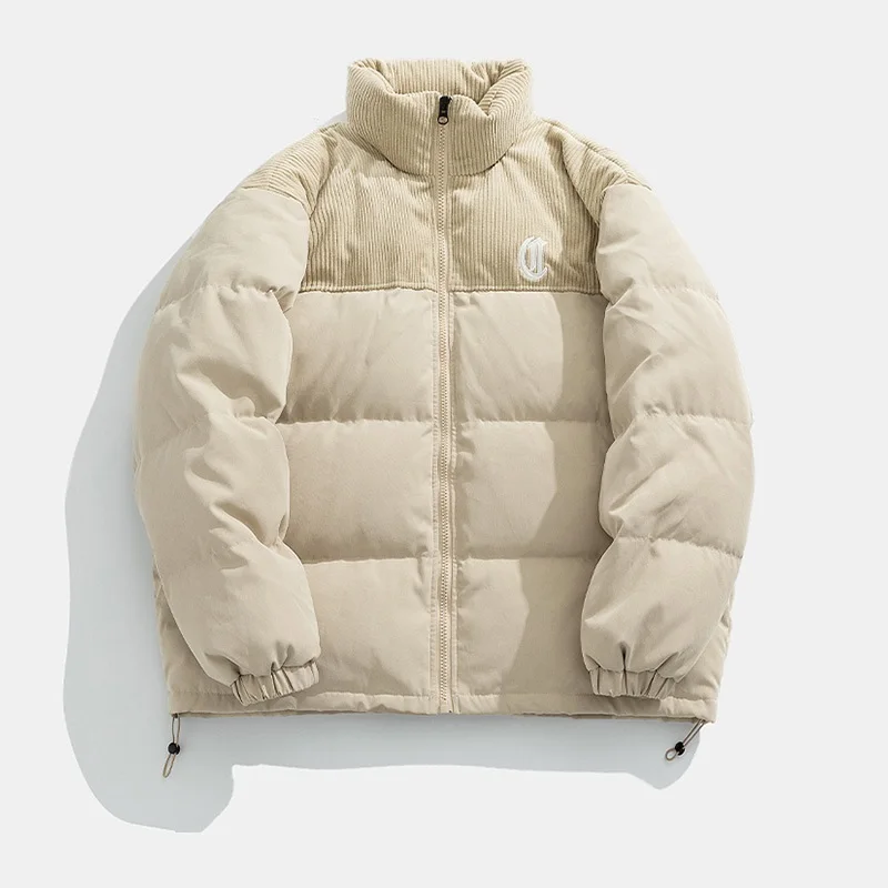 Japanese Fashion Corduroy Patchwork Warm Jacket Men Embroidery Thickened Bread Jacket Stand Collar Loose Sports Jackets Parkas