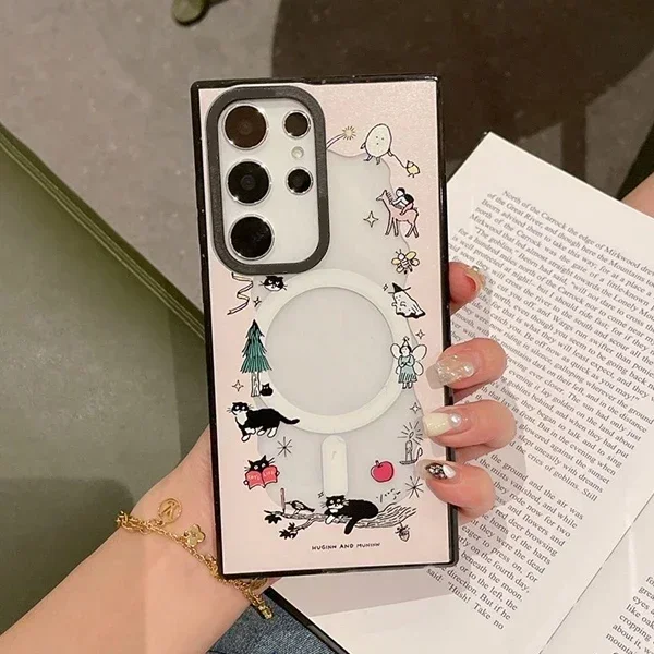 Черный Защитный акриловый чехол MagSafe с изображением кота для Samsung Galaxy S24 U S23U S22 Ultra