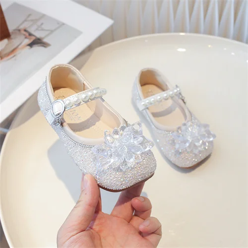 Кожаные Туфли Для Девочек Розового/коричневого Цвета С Жемчужными Цветами И