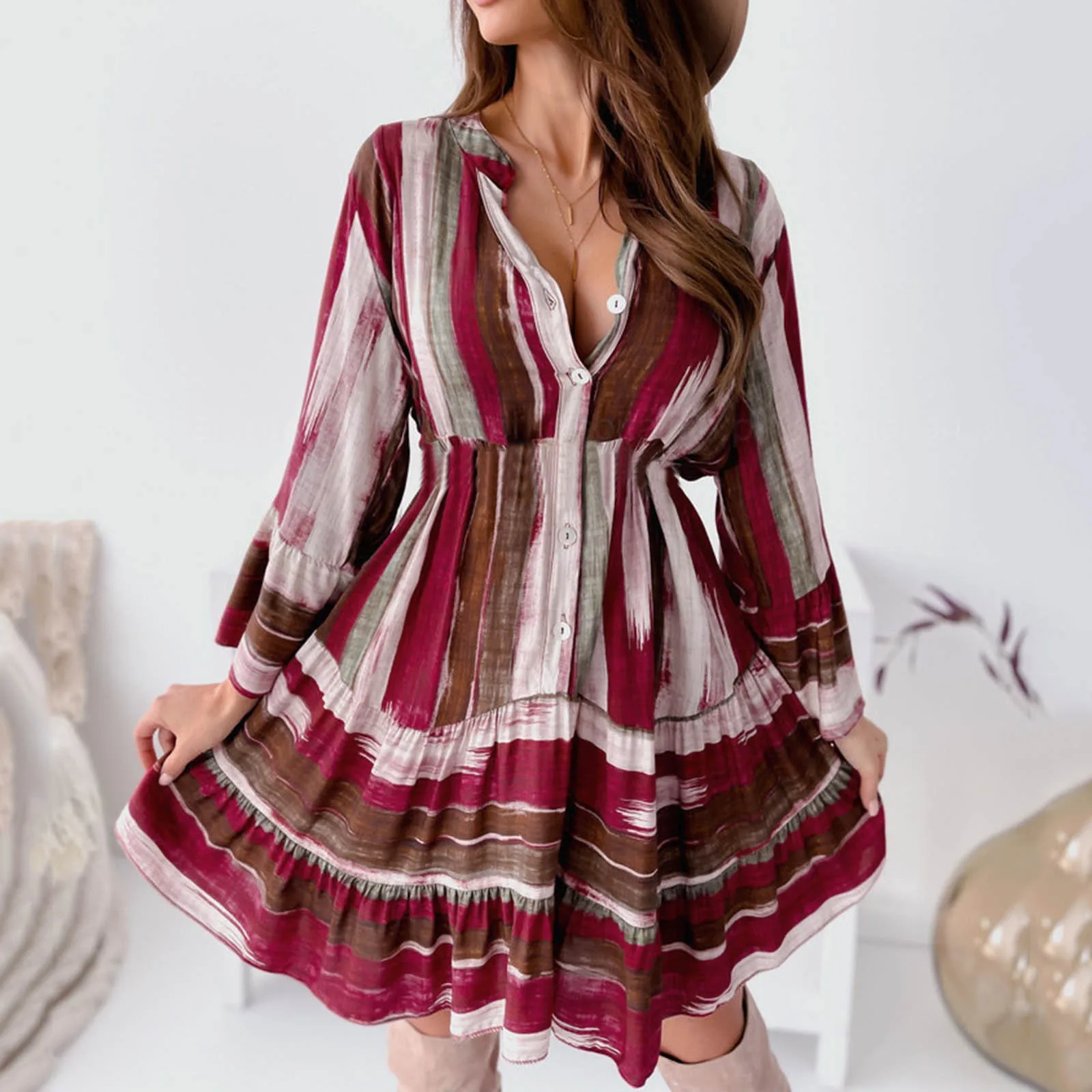 

Женское платье с принтом, V-образным вырезом и оборками, на пуговицах, с длинным рукавом, повседневная Летняя женская юбка