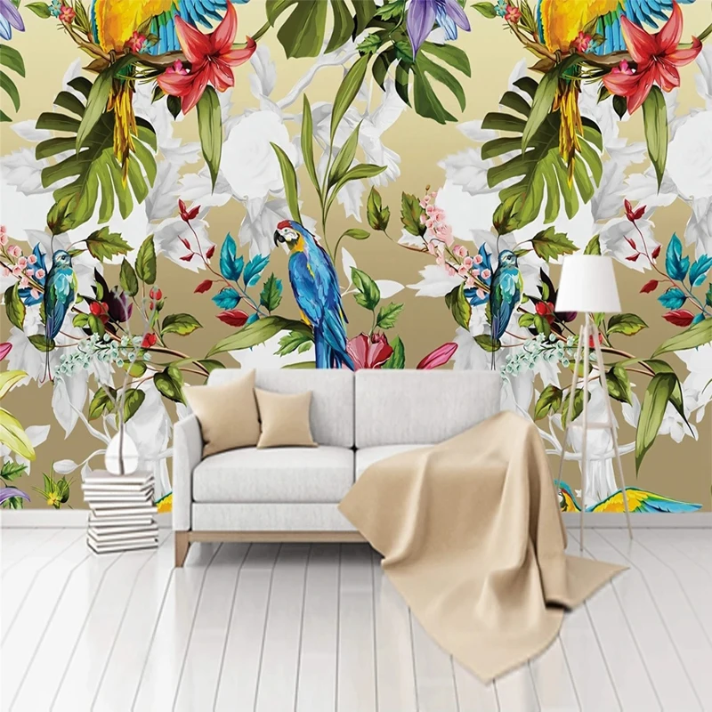 

Custom Photo Wallpaper Hand Painted Tropical Rainforest Banana Leaves Flowers Parrot Mural for Living Room Bedroom 3D Wall Art