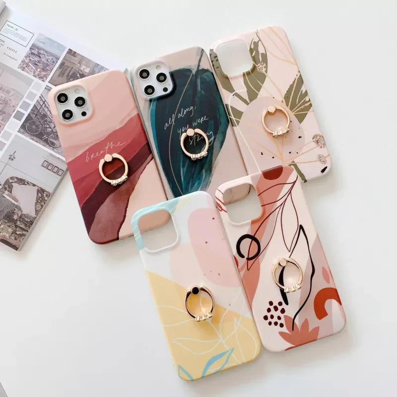 

Art Watercolor painting Silicone Ring Holder Phone Case For iphone 11 12 13 Pro MAX Mini XS X XR SE2020 7 8 Plus Back Cover Capa