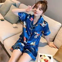 disney summer womens stain sleep lounge pajama short sleeved top with shorts girl pajama set cartoon pyjamas silk sleepwear