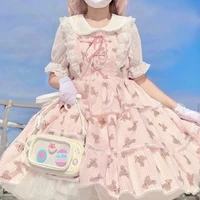 japanese soft girl style jsk lolita dresses square collar bow kawaii ruffles sleeveless sweety cartoon princess camisole dress