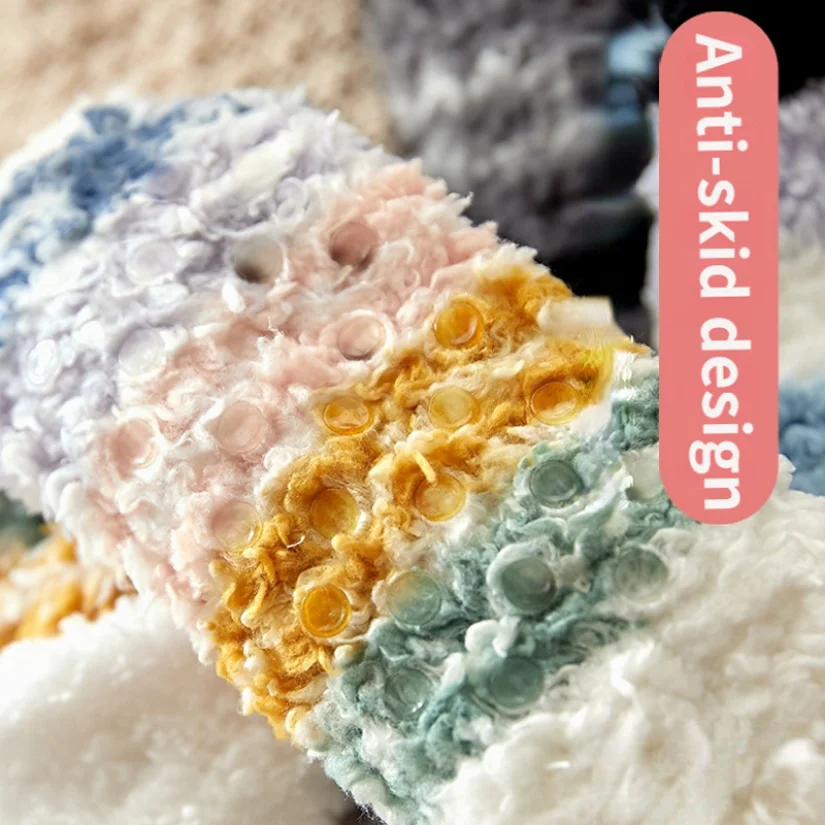 Womens Fuzzy Thermal Sock Plush Grip Stripe Winter Warm Soft Female Home Indoor Silicone Non slip Thick Slipper Floor Sock